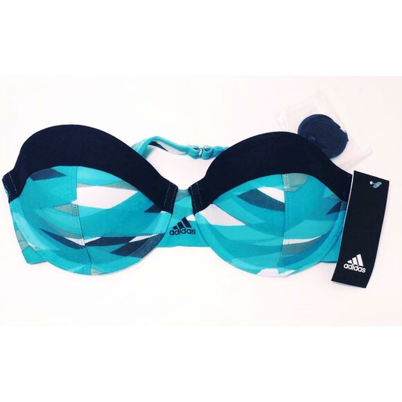 XL-L Adidas Swim Bandeau Top Bikini Set Hipster Bottom Blue Logo Overlay Stripe - Picture 7 of 11